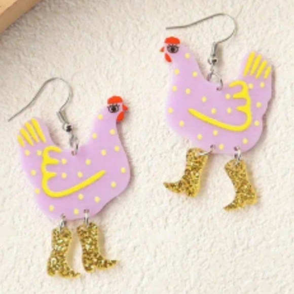 Chicken Purple in Gold Boots 2" Earrings - Picture 1 of 1